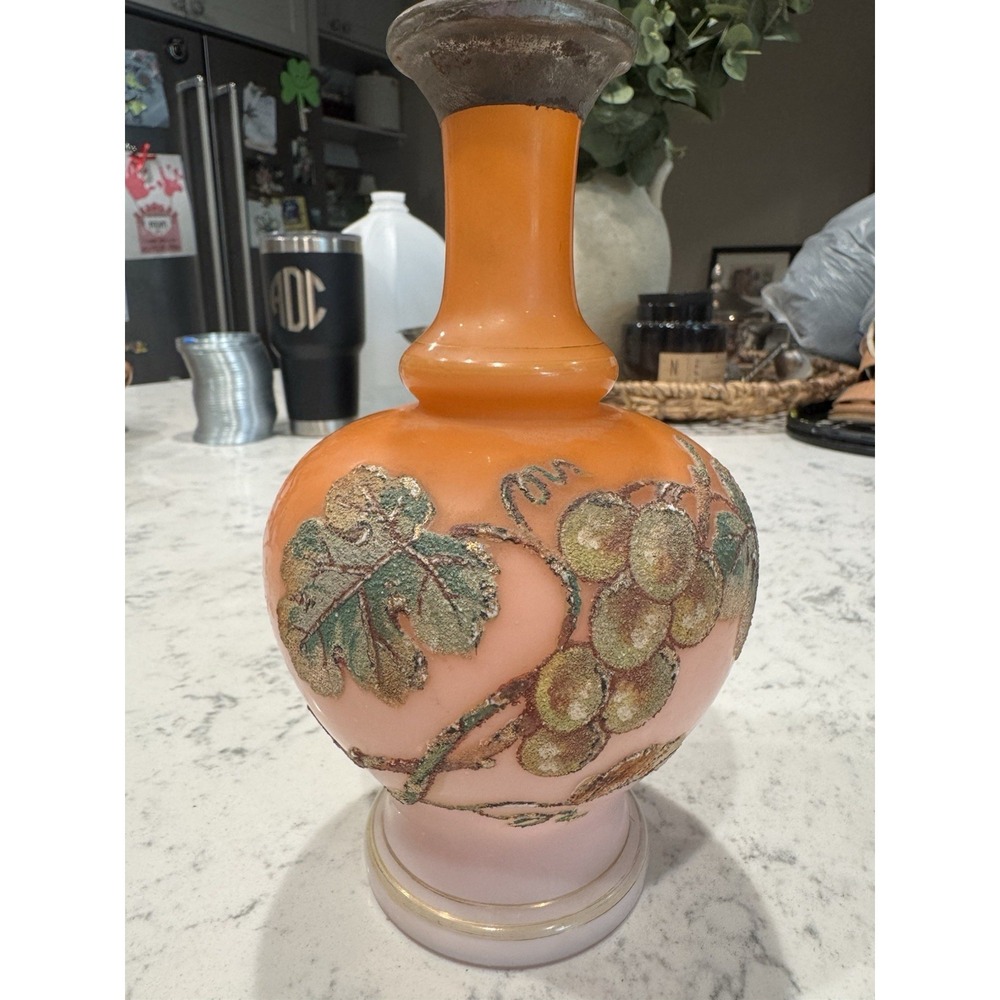 Vintage Art Glass Orange and Pink Cameo Vase with Grape Motif. 7.5 Inches Tall